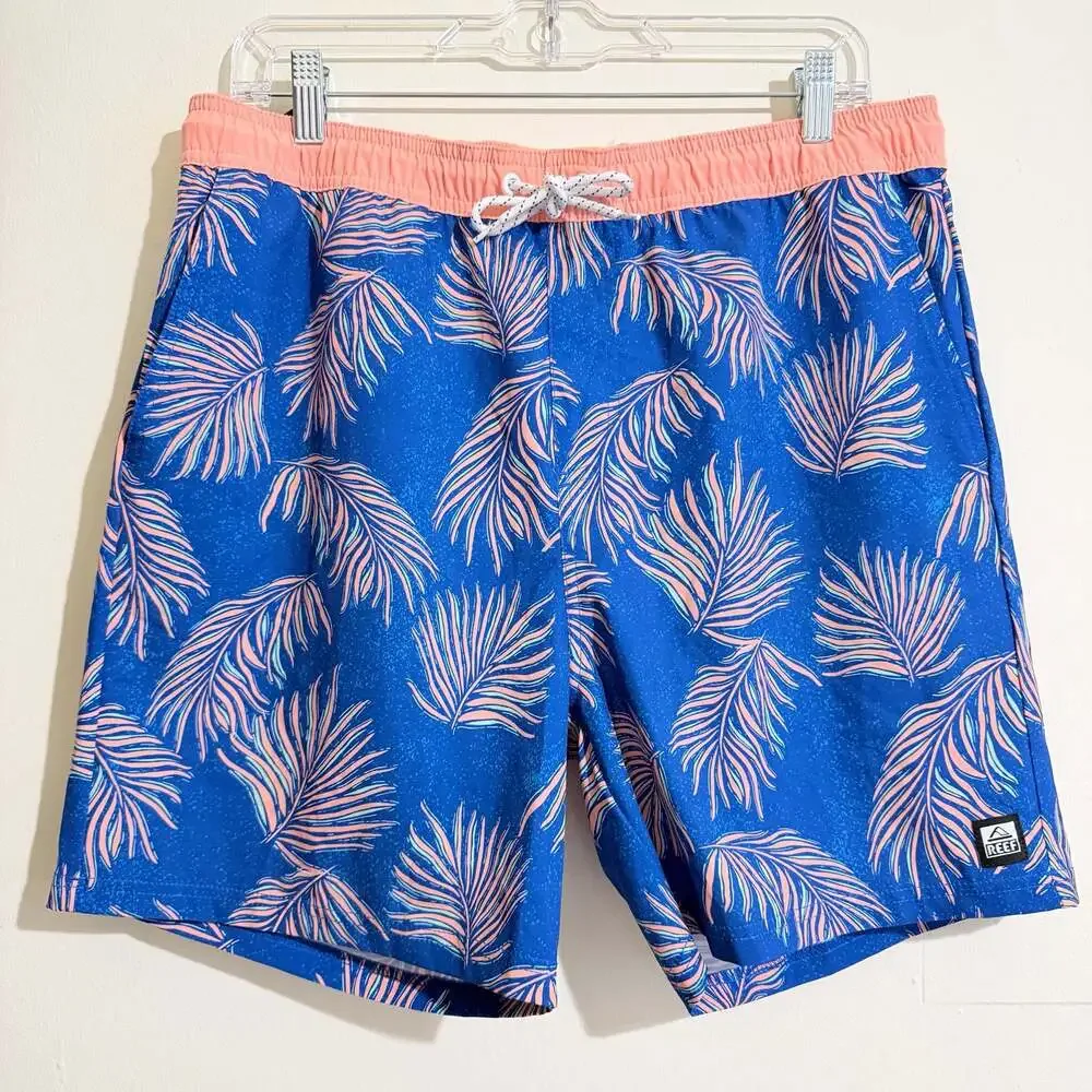 Reef Men's Blue Pink Tropical Palm Print Swim Trunks Board Shorts Beach Surf M